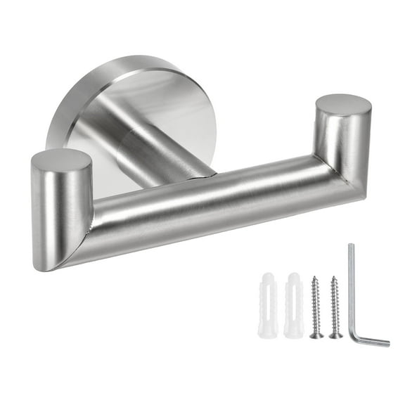 Double Towel Hook, Stainless Steel Coat Hook, Wall Mount Robe Hooks Hand Towel Hanger Brushed Silver