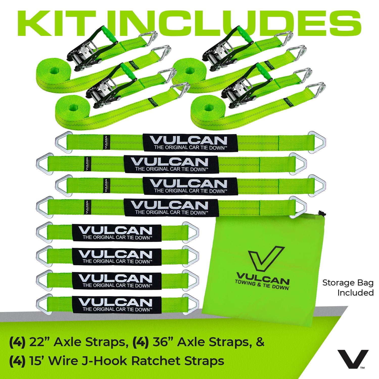 VULCAN Complete Axle Strap Tie Down Kit, Wire Hook Ratchet Straps, High-Viz, (4) 22 inch Axle Straps, (4) 36 inch Axle Straps, and (4) 15' Wire J Hook Ratchet Straps