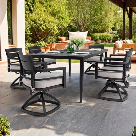 Patio Sets | 7-Piece Modern Outdoor Dining Set, 6 Swivel Rockers, Sunbrella Cushions, Umbrella Table | Ember Black | Aluminum