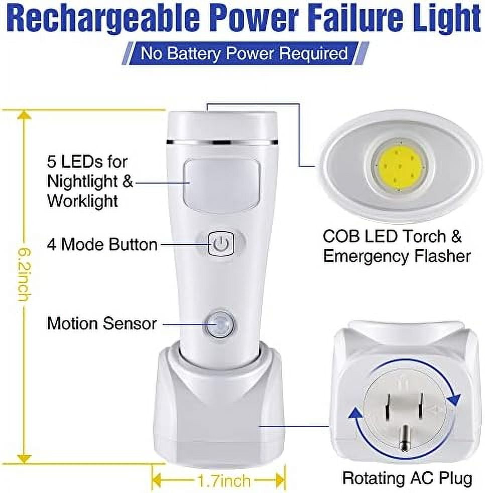 4 in 1 LED Rechargeable Plug in Flashlights, 3 Pack LED Emergency Lights for Home Power Failure, Plug in Power Outage Light, Power Failure Light with Motion Detection (White) White White White