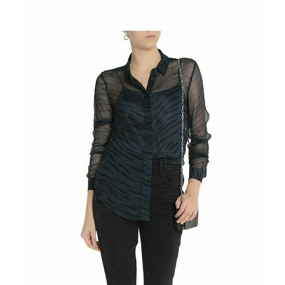 Ganni Zebra Print Chiffon Shirt Blouse Collar Buttons Up Navy Size 36 4 US