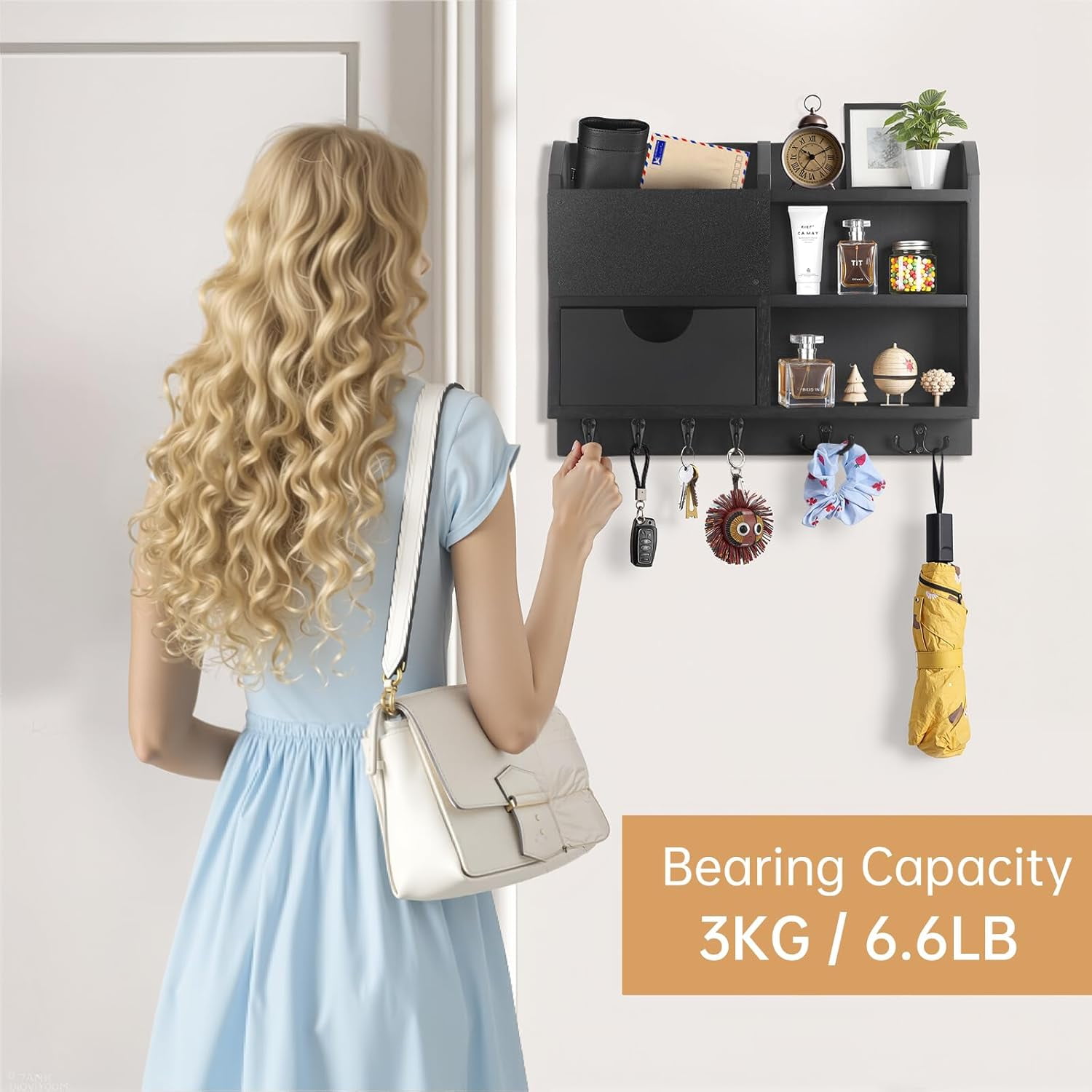 Key Holder Wall Mount, 14.5 x 11.2 x 3.5 inch 3-Tier Shelf with 8 Hooks and Drawer Storage, Wooden Key and Mail Holder, Brown