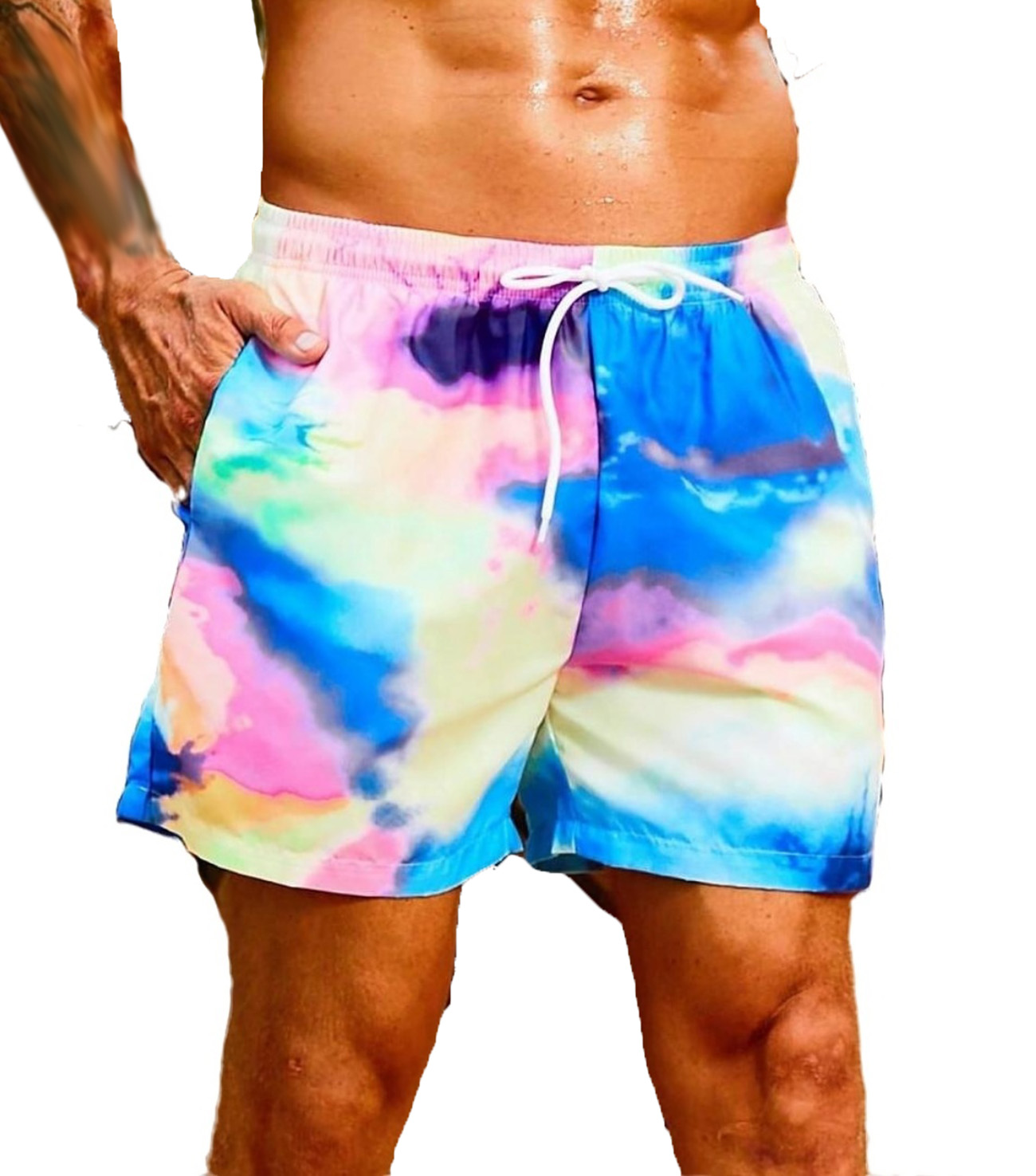 Boho Tie Dye Bottoms Multicolor Drawstring Waist Men Beach Shorts (Men