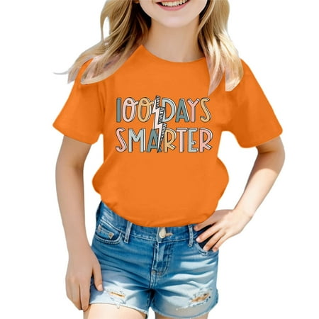 lnmuld Girls Back to School Casual Print Round Neck Loose Fit Short Sleeve Tee Color:Orange Size:4-5 Years