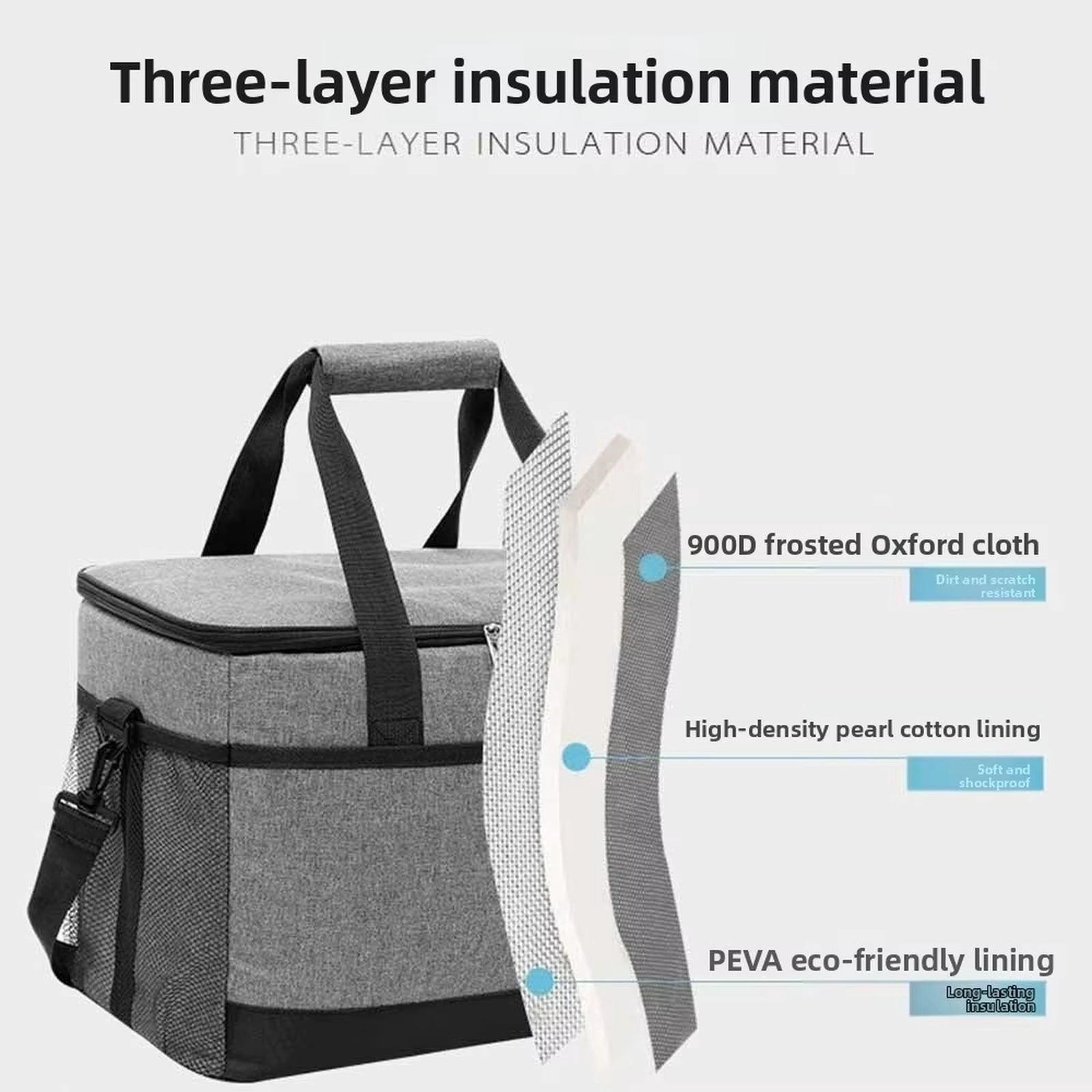Large Outdoor Cooler Bag for Picnic and Camping, Waterproof Oxford Insulated Bag for Car Travel and Grocery Shopping，Gray