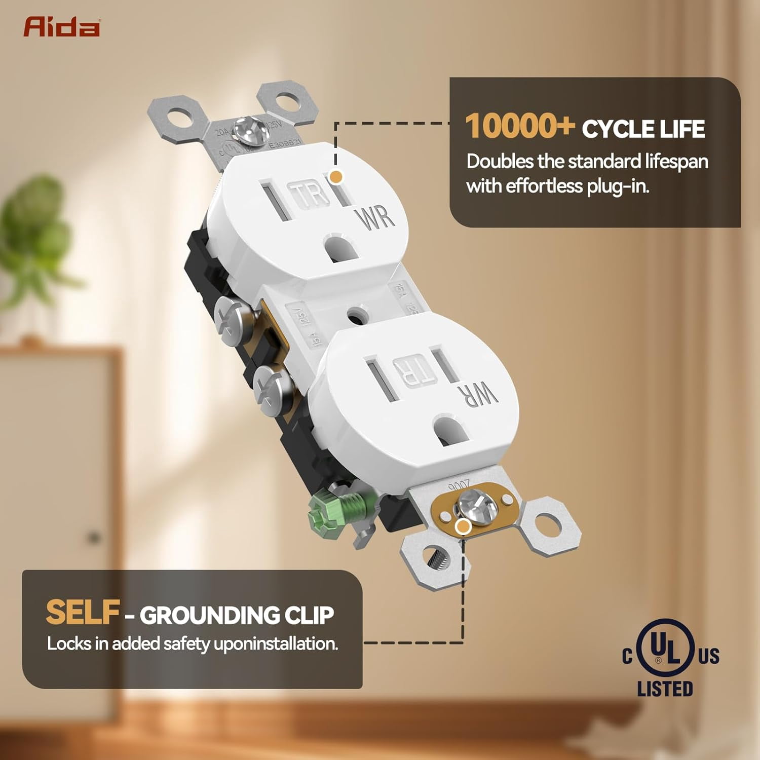15 Amps Outlets Duplex Electrical Receptacle Outlets,Tamper Resistant & Weather Resistance Electrical Receptacle, 2 Pole,3-Wire, Self-Grounding, NEMA 5-15R,UL Listed (10 Pack, White)