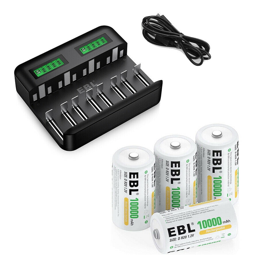 EBL D Cell Rechargeable Batteries 10000mAh (4 Pack) + 8 Bay LCD Battery