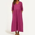 thumbnail image 2 of YDDIAN Dressy Maxi Dresses for Women Loose Fit 3/4 Sleeve Plus Size Midi Dress V-Neck Summer Casual Maxi Dresses with Pockets Hot Pink M, 2 of 3
