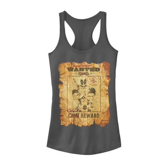 Junior's Marvel Deadpool Wanted Poster Racerback Tank Top Charcoal 2X Large