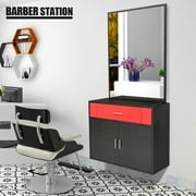 Artist Hand Wall Mount Barber Salon Station Hair Styling Makeup Spa with Mirror, Drawer, 2 Doors (Black+Red)