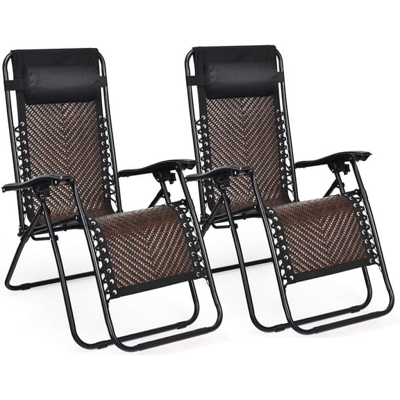 ZYPPP Patio Rattan Zero Gravity Lounge Chair, Outdoor Folding Lounge Chair w/Removable Head Pillow, Adjustable Lounge with Widened Armrest & Locking System for Balcony Yard Poolside (2, Coffee)