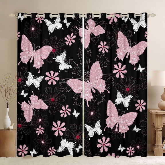 Feelyou Kawaii Pink Butterfly Black Out Curtains for Teen, Cartoon Cherry Blossoms Curtains Pack of 2 (42x63 Each), Tribal Mandala Style Bedroom Curtains, Living Room Curtains Decor