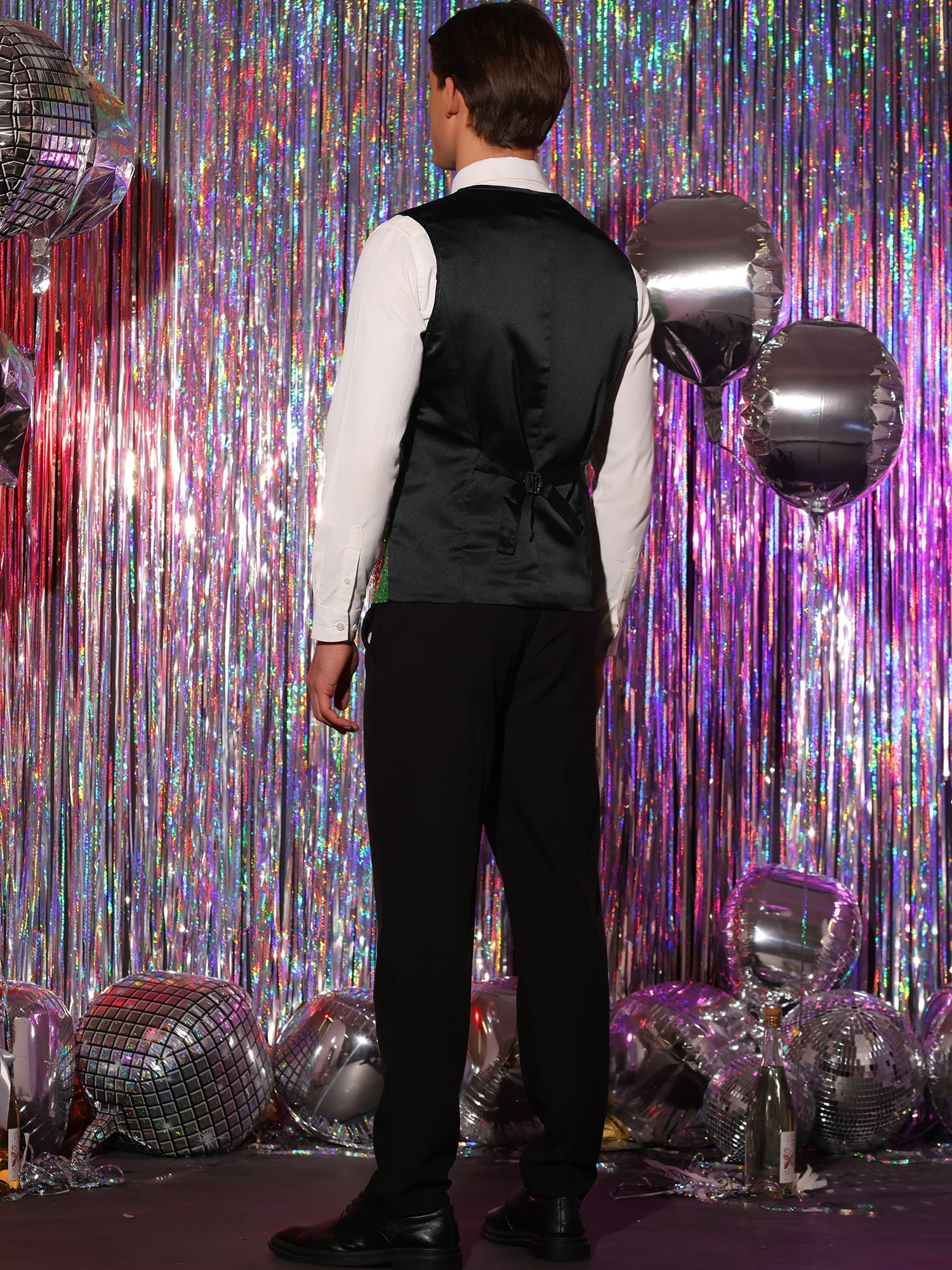 Unique Bargains Men's Disco Shiny Sequin Vest Suit Waistcoat Set with Bow Tie M Green