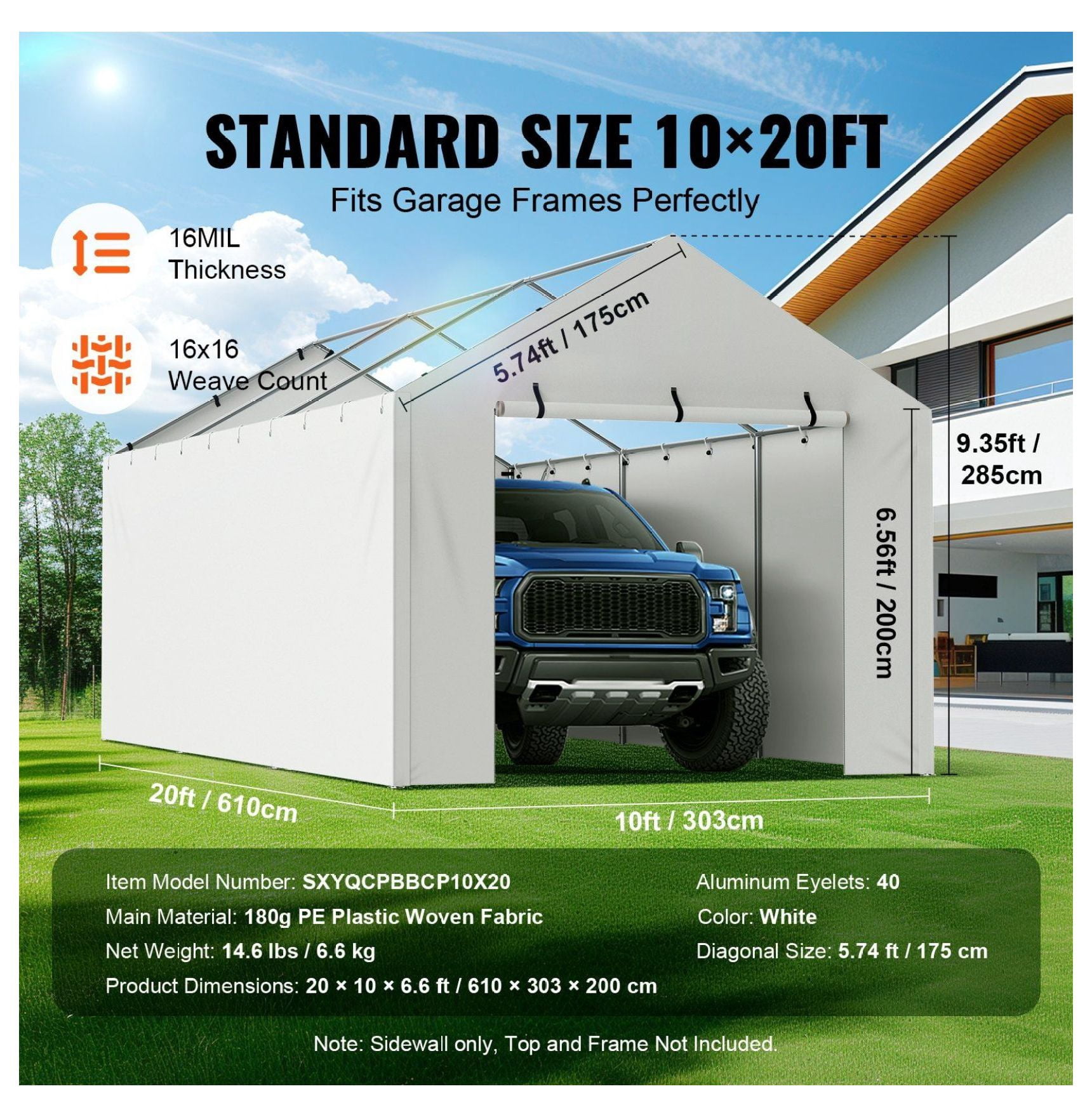 Carport Canopy Cover 10x20 ft - Replacement Top & Side Wall - Waterproof UV Protected - Heavy Duty Garage Shelter Tarp - Easy Install
