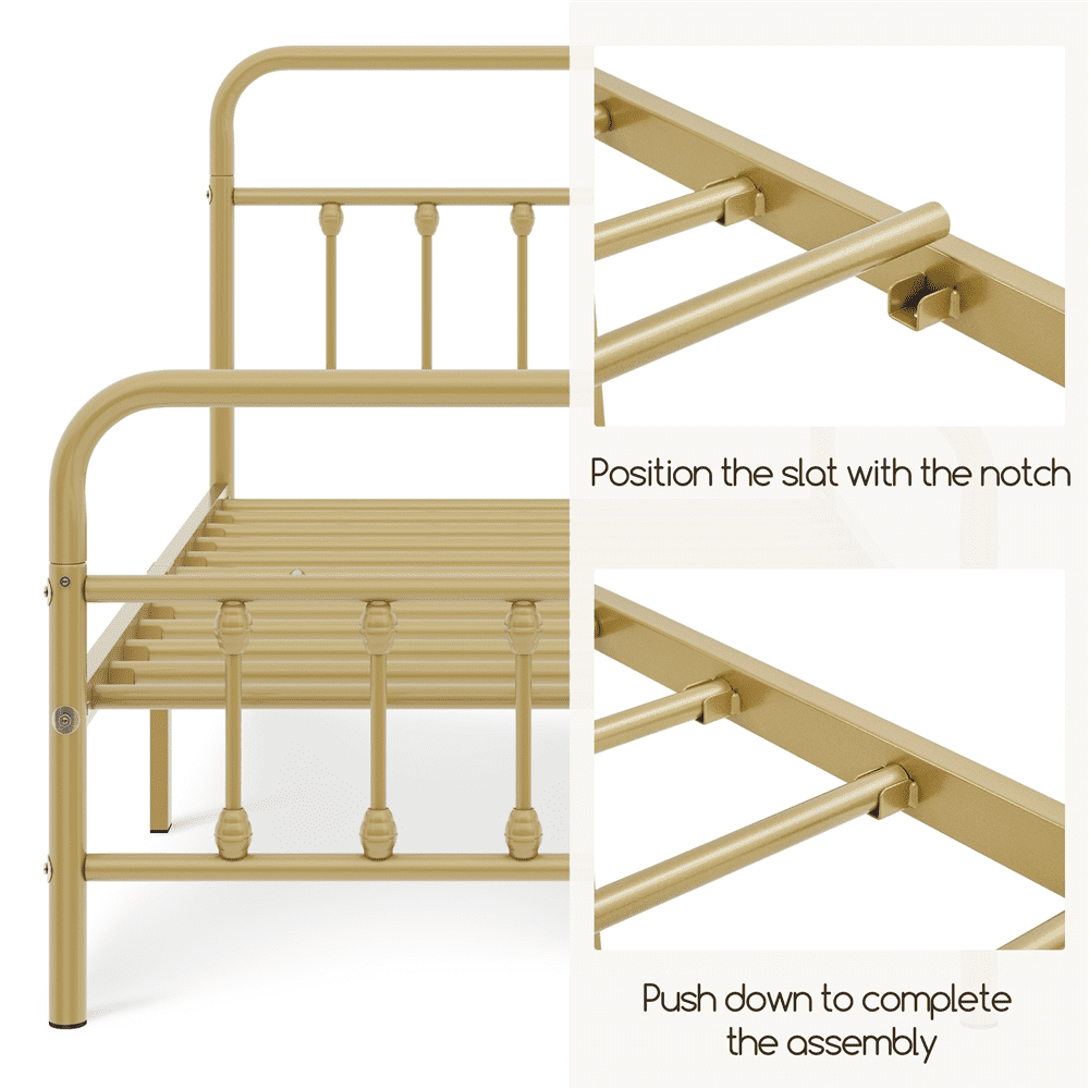 Alden Design Twin Size Metal Platform Bed Frame with High Headboard and Footboard for Adult, Antique Gold