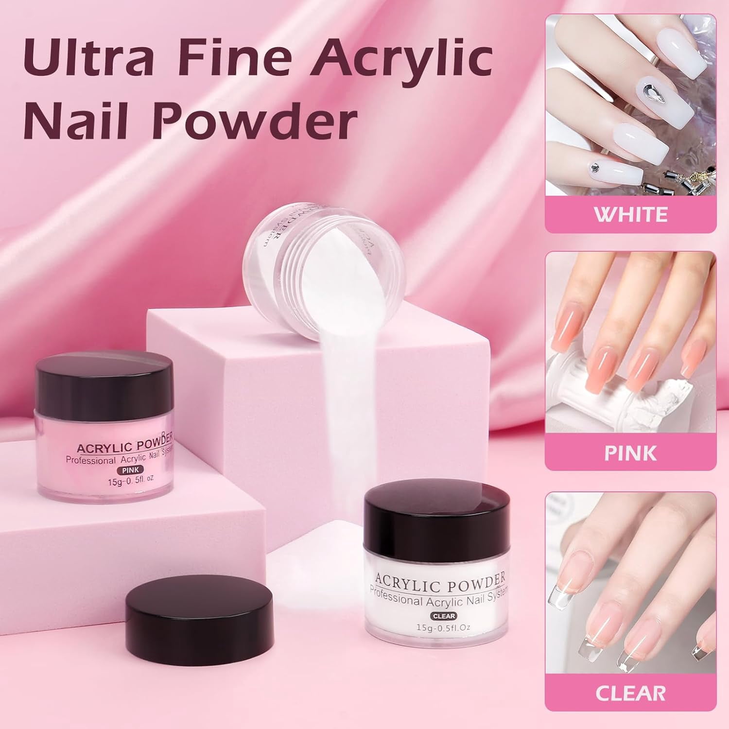 Nail Kit for Beginners with Everything: Professional Nail Acrylic Powder Liquid Set with Practice Hand Drill U V Light in Cosmetic Bag for Women Salon Home (Pink)