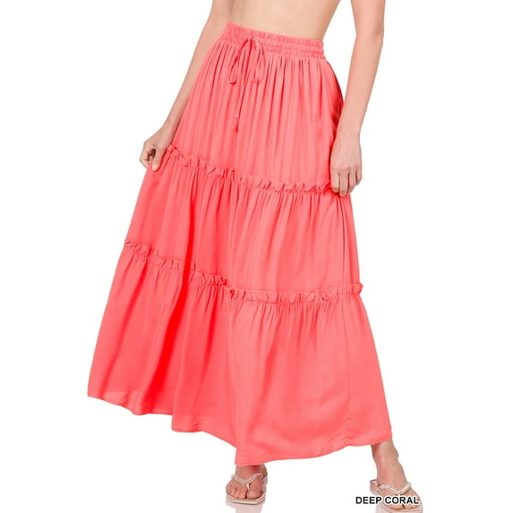 Zenana Women & Plus Boho Elastic Drawstring Waist Tiered Ruffle A-Line Woven Maxi Skirt