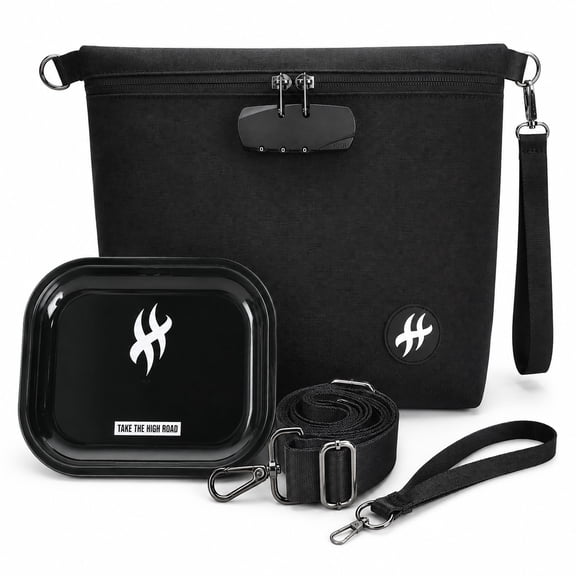 Lockable Storage Bag with Combination Lock, Carbon Lined Organizer with Metal Tray and Shoulder Strap, Black