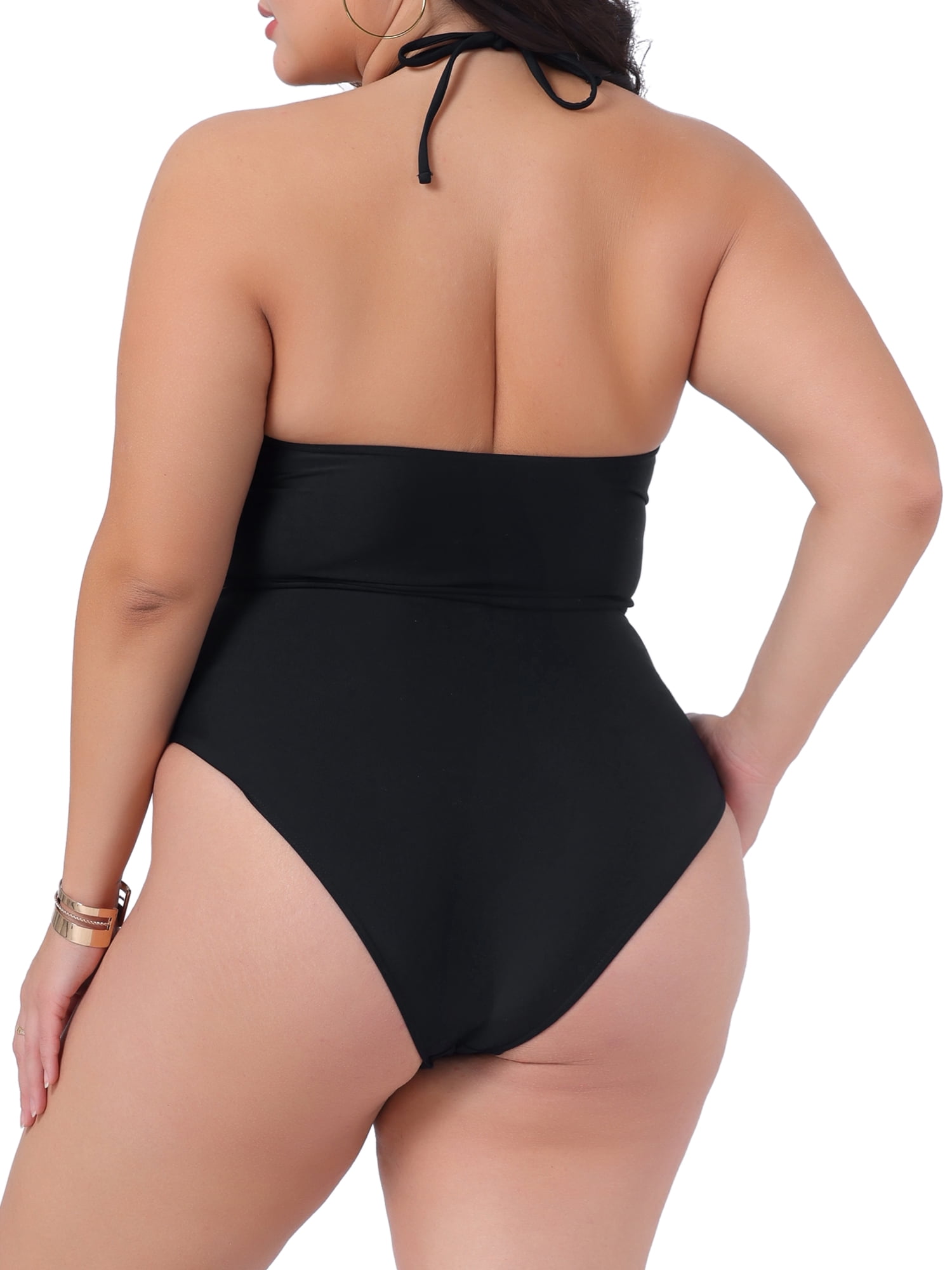 DARING DIVA Plus Size Halter Ruched Bathing Suit Set for Women 3X Black