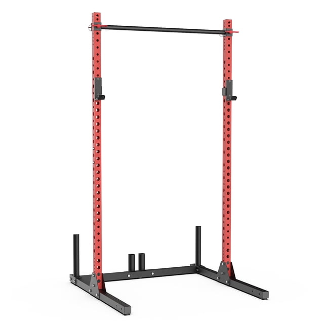 Synergee 2200 Série Support pour Squats Capacité de 750 Lb, Barre de Traction Réglable, J-Cups avec UHMW, Barre et Rangement pour Disques de Poids – Support d'Alimentation Robuste pour Gym à Domicile – Rouge 81”
