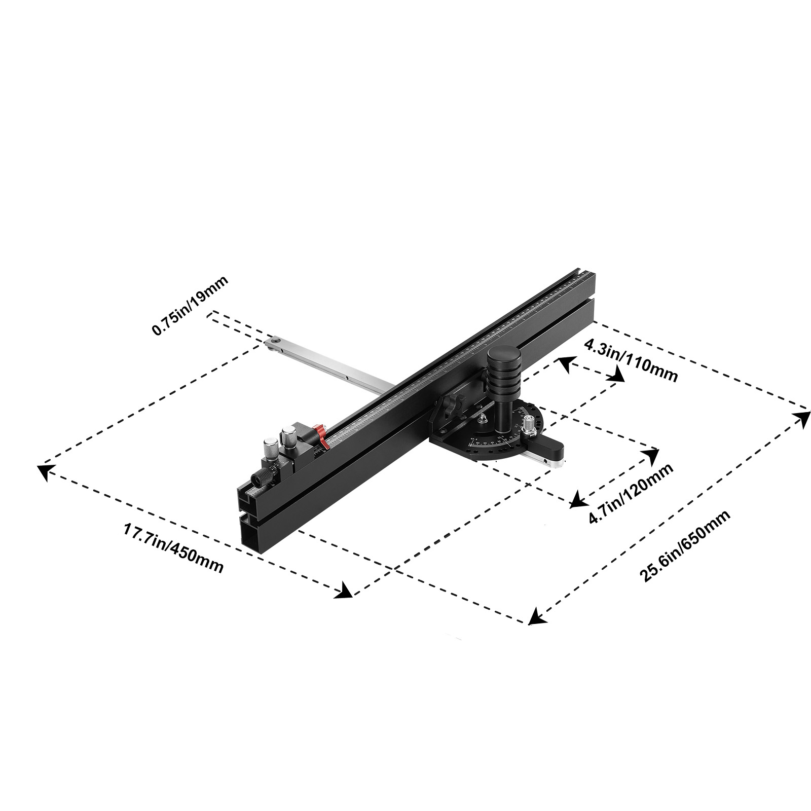 KFFKFF Precision Miter Gauge for Table Saws, Standard Slot 3/4'' x 3/8'', Durable Aluminum Alloy Construction with 24-inch Grating, 15 Adjustable Angle Stops, Spring-Loaded Plunger