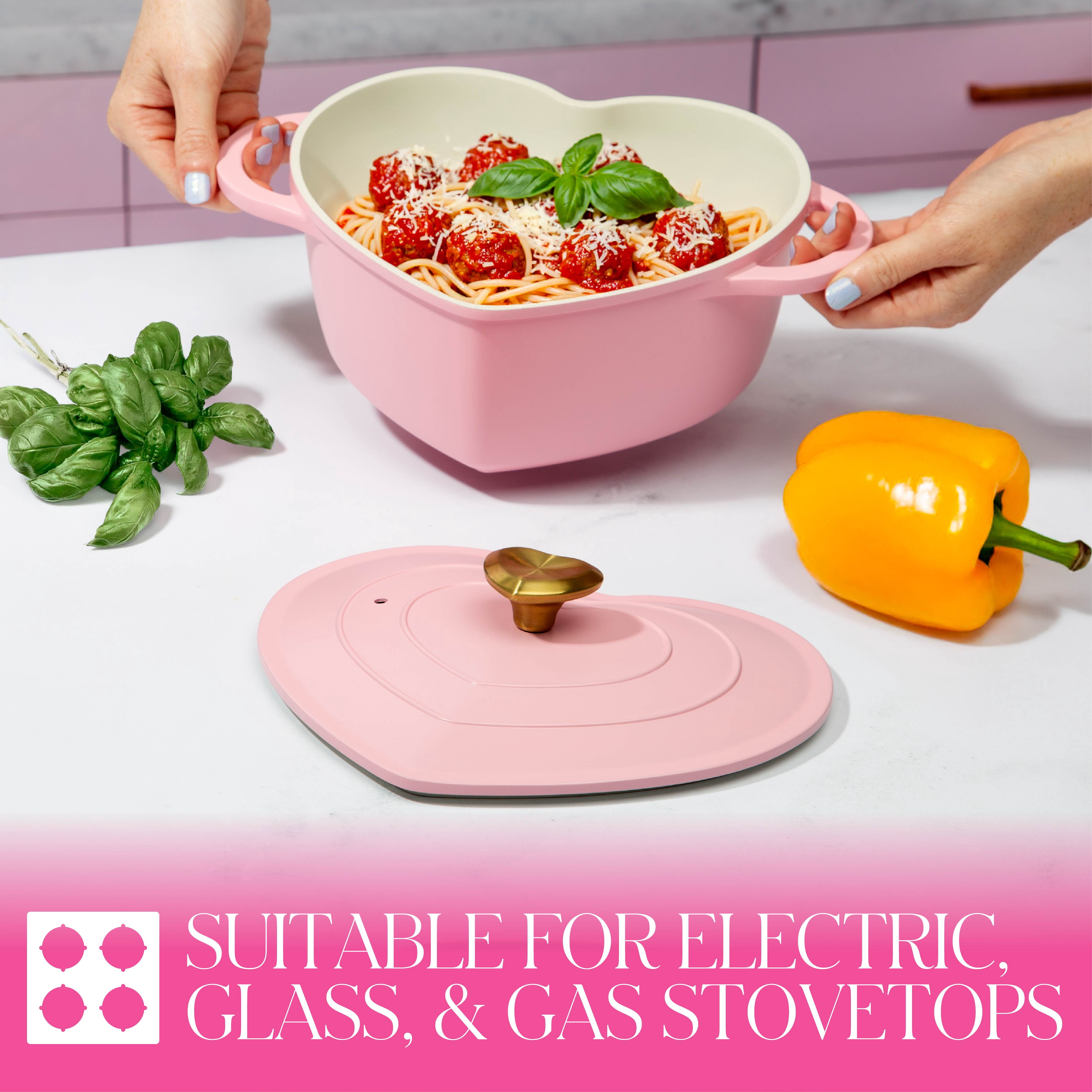 Paris Hilton 2.2-Quart Ceramic Nonstick Cast Aluminum Heart-shaped Dutch Oven with Lid, Oven Safe, Dishwasher Safe, Pink