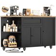 thumbnail image 3 of Homieasy 55"Wooden Kitchen Sideboard Cabinet with Power Outlets, Coffee Bar Cabinet with Drawer, Wine Rack/Shelves - Thick Tabletop, Solid Wood Legs for Dining Room,Black and Brown, 3 of 9
