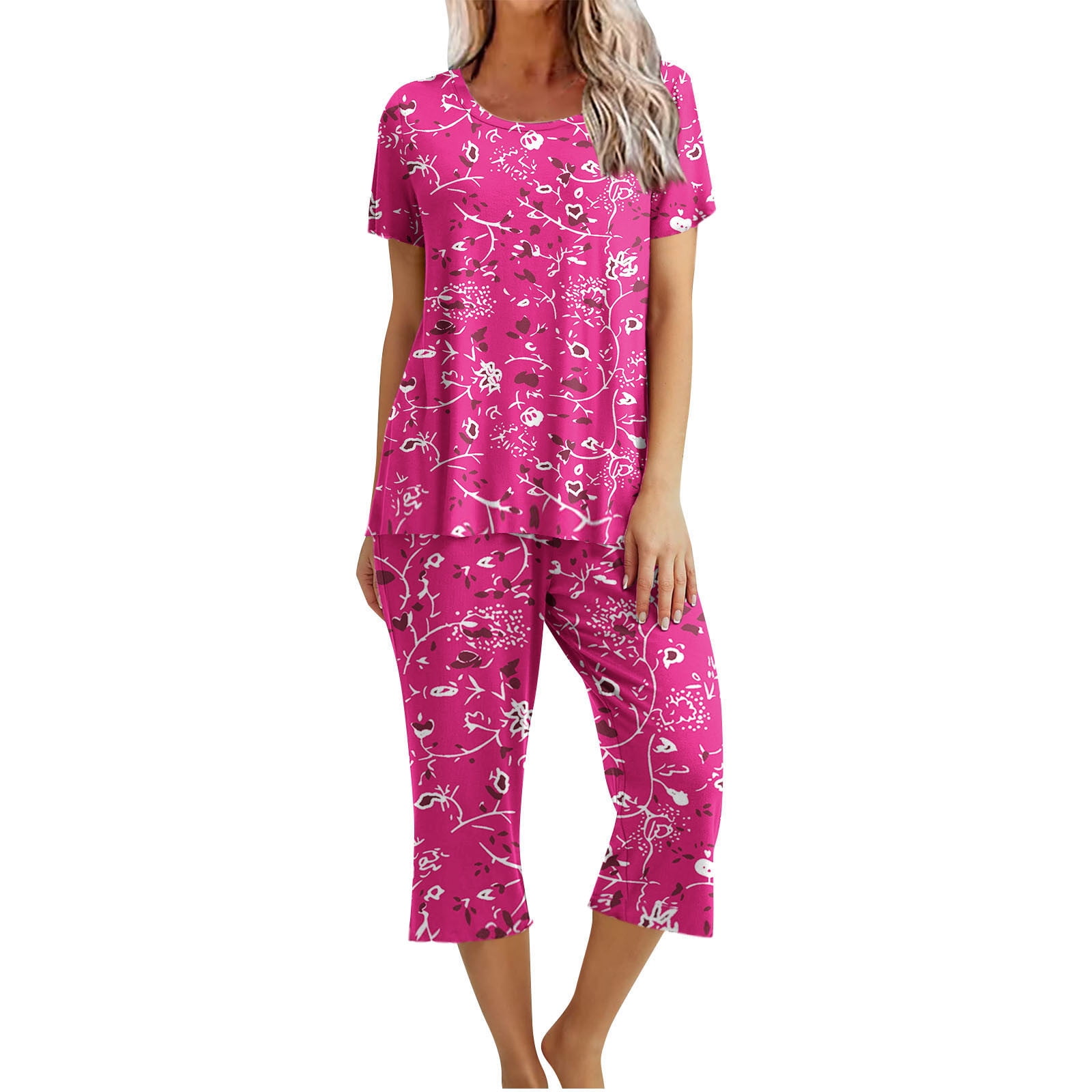Women's Pajamas Short Sleeve Sleepwear Tops and Capri Pants Cute Print ...