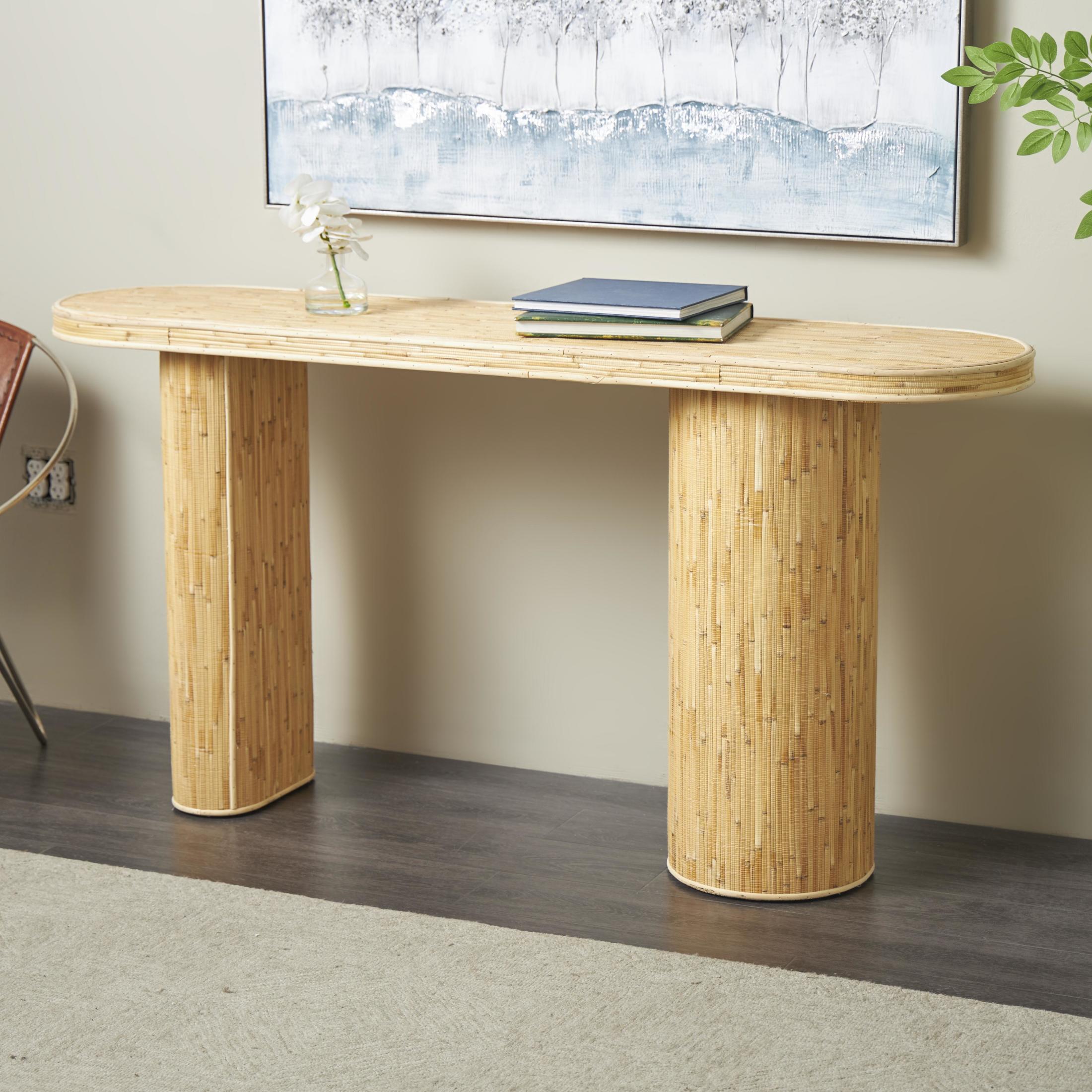 DecMode 64" x 32" Brown Rattan Handmade Textured Oval Console Table with Linear Wood Strip Design, 1-Piece