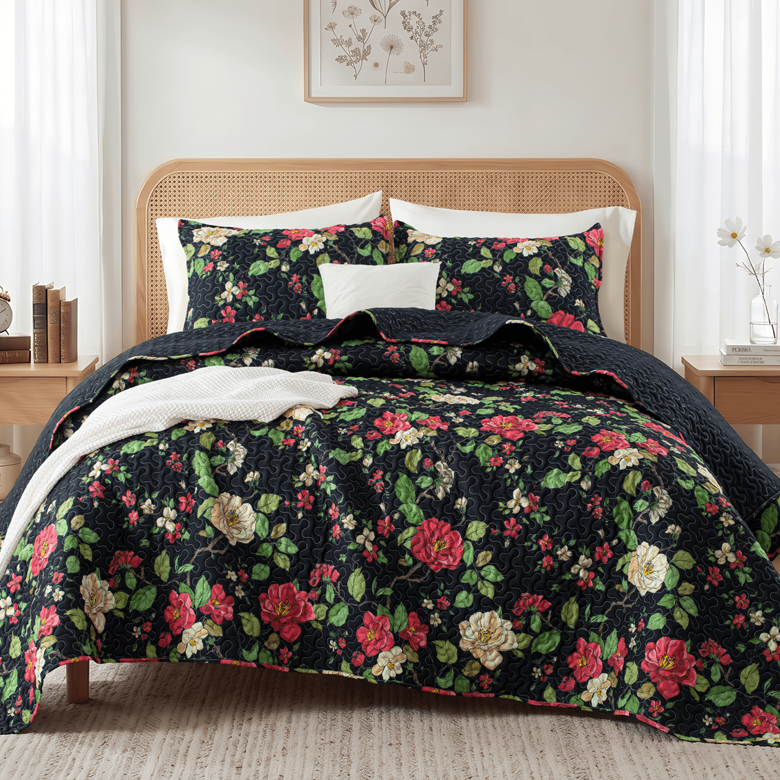 Exclusivo Mezcla Floral Quilts Queen Size, Black Queen Quilt Bedding Set with Red Cottagecore Garden Pattern, Reversible Lightweight Bedspreads Coverlets (92"x96")