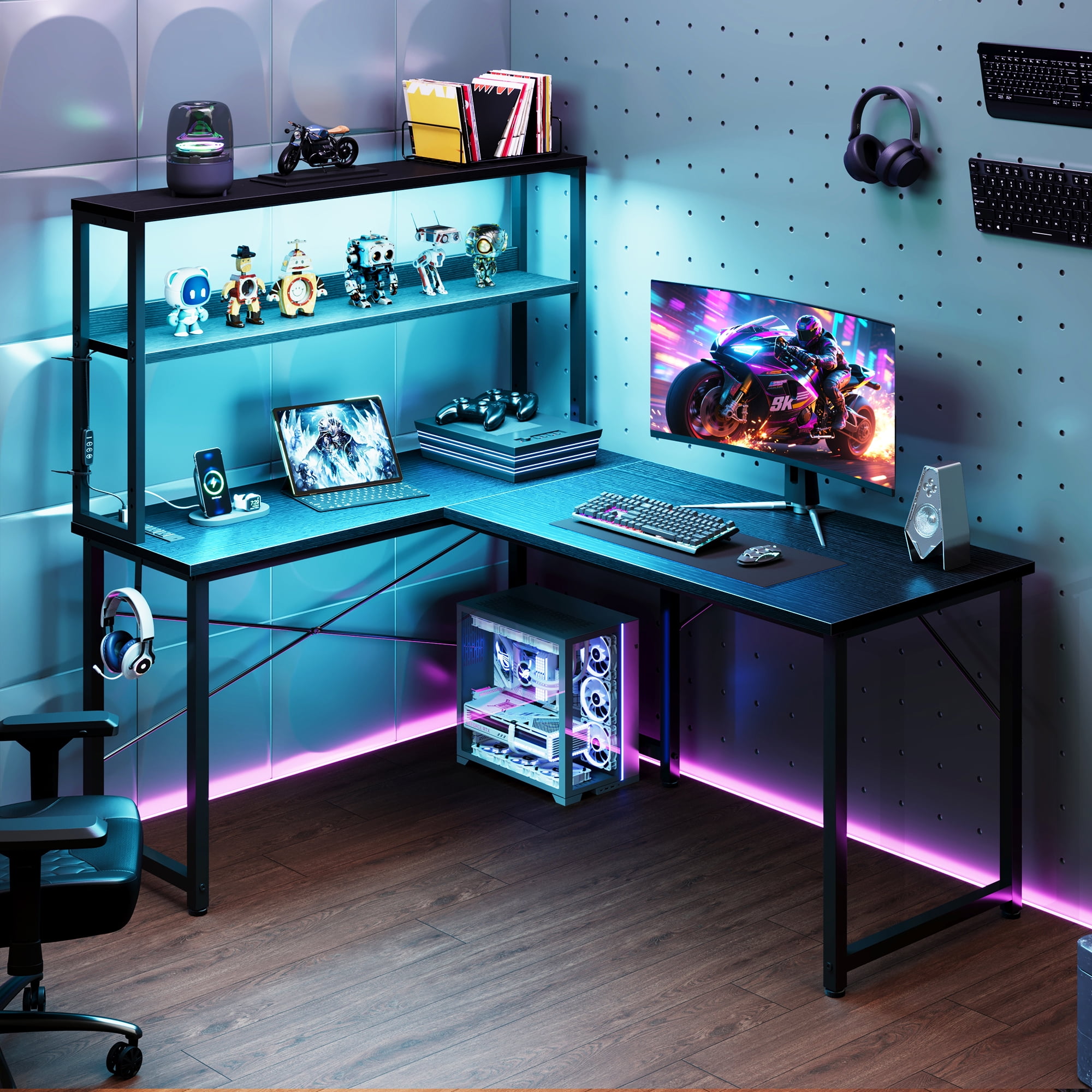 43 Inch L-Shaped Office Desk with Power Outlets, Gaming Desk with LED Lights for Home Office, Corner Computer Desk with Hutch, Black