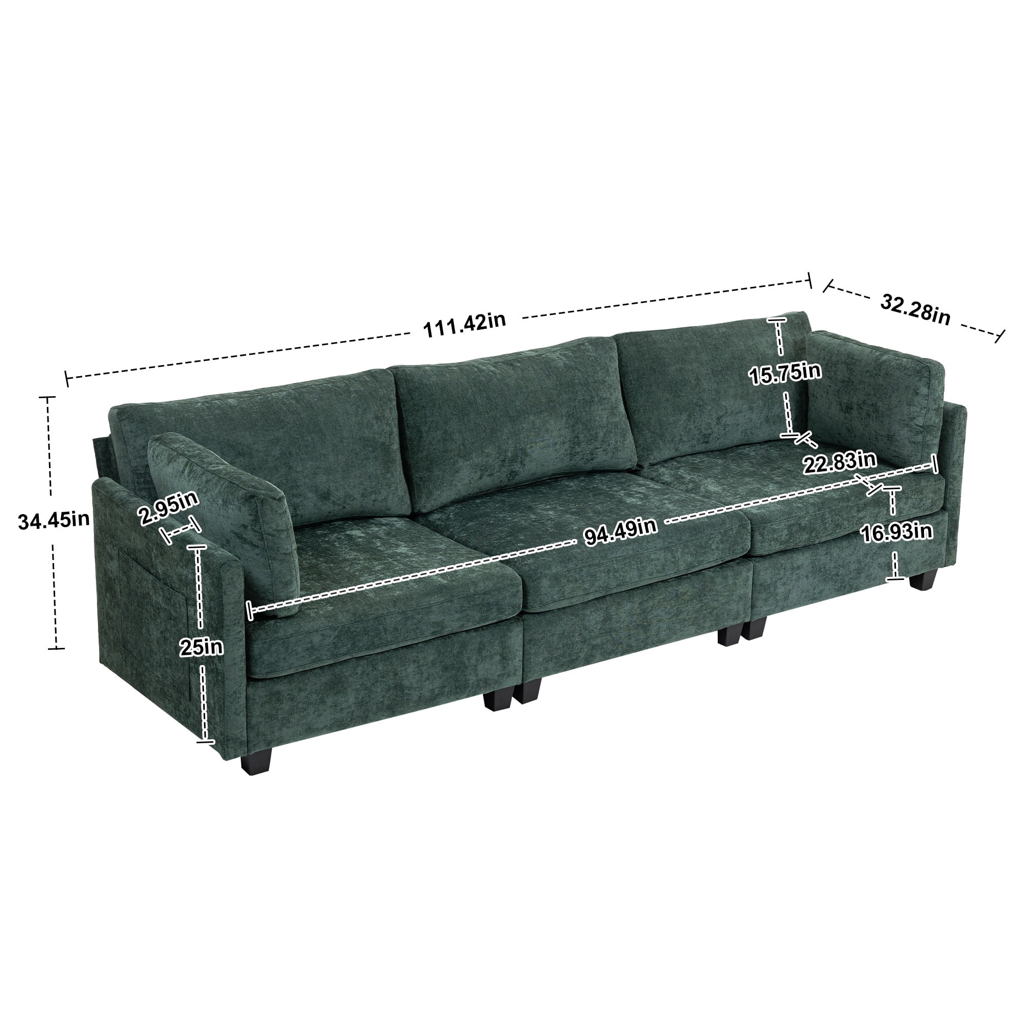 111.42" Corduroy Sofa,3 Seater Sofa with Extra Deep Seats,Upholstered Couch with Side Pocket for Living Room,Apartment,Office,Dark Green