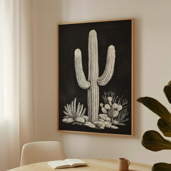 Desert Cactus Wall Art - Black And White Saguaro Print - Southwestern Botanical Illustration - Minimalist Western Home Decor Wall Art, Modern Wall Decor, 24x36 UNFRAMED