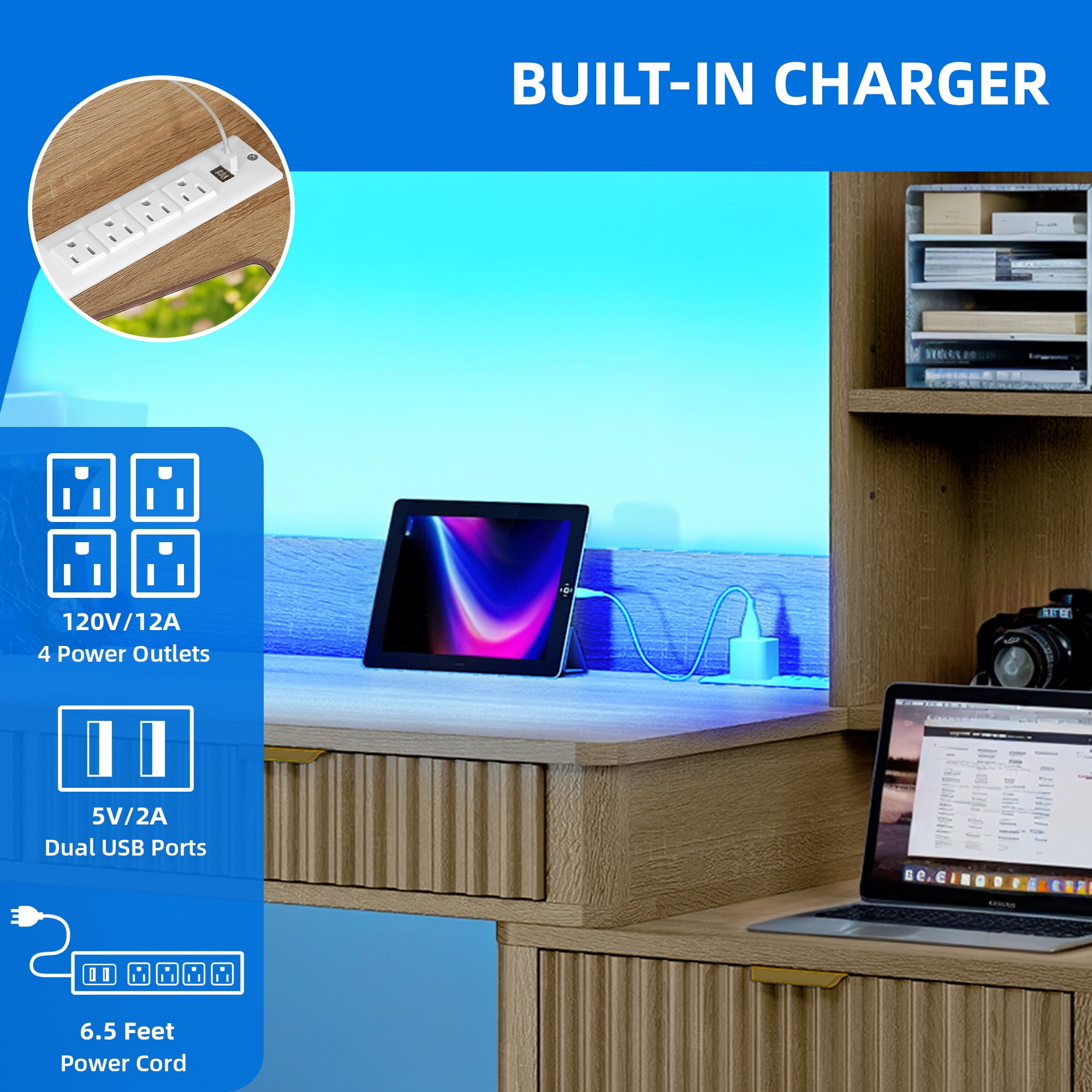 Dextrus 55" Computer Desk with LED Light & Hutch, Home Office Desk Executive Desk with Drawers, Oak