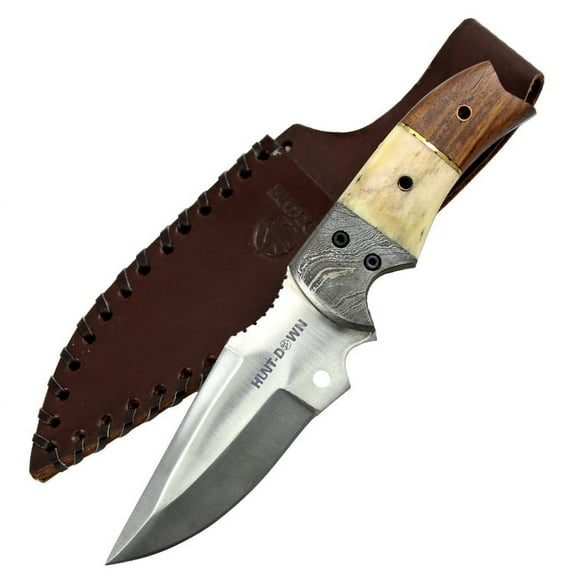 Hunt Down 9.5' Bone Handle Demascus Bolster Stainless Steel Hunting Knife With Leather Sheath