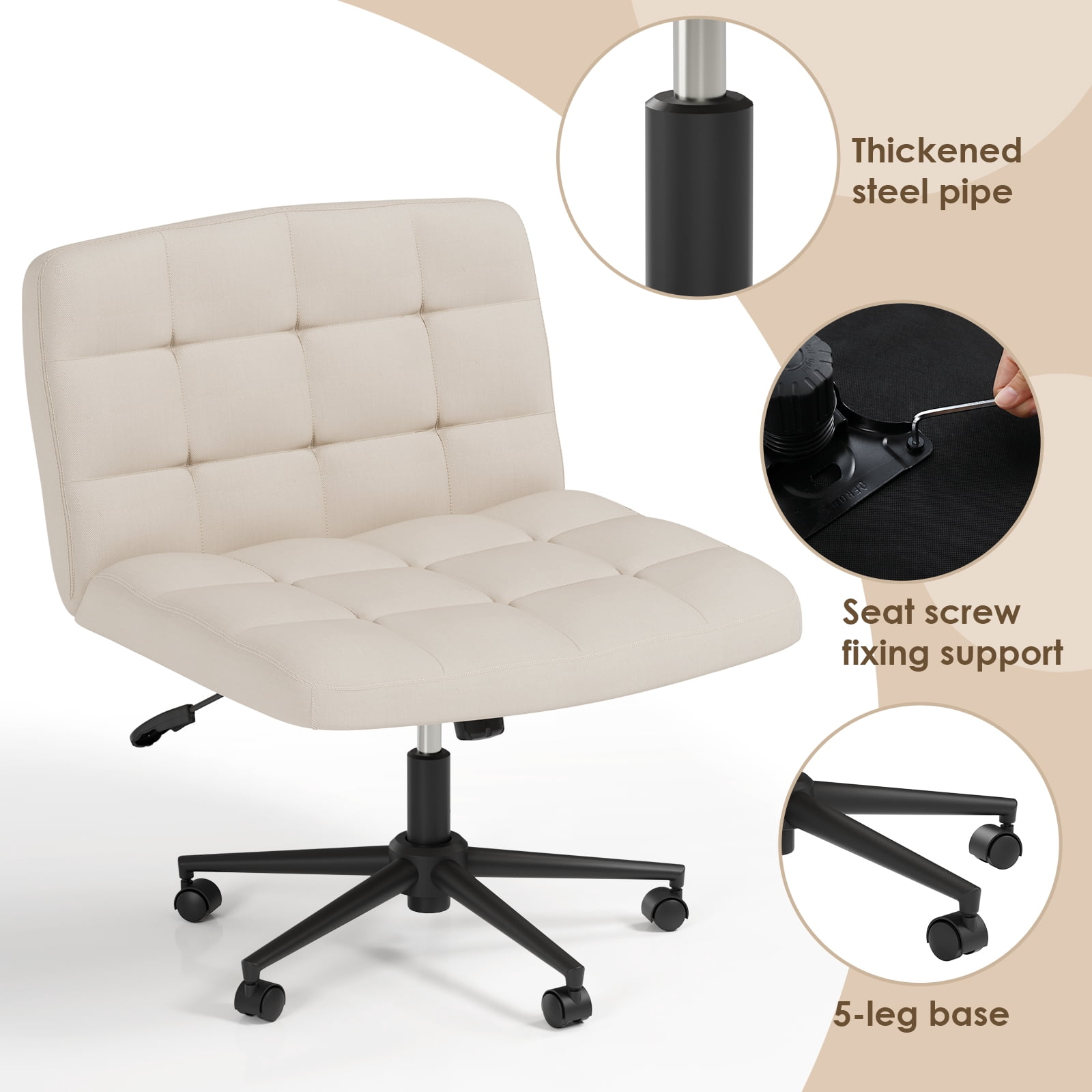 Arlopu Swivel Criss Cross Legged Chair with Wheels, Height Adjustable, Armless Home Office Chair with Comfy Wide Cushion for Home, Office, Vanity