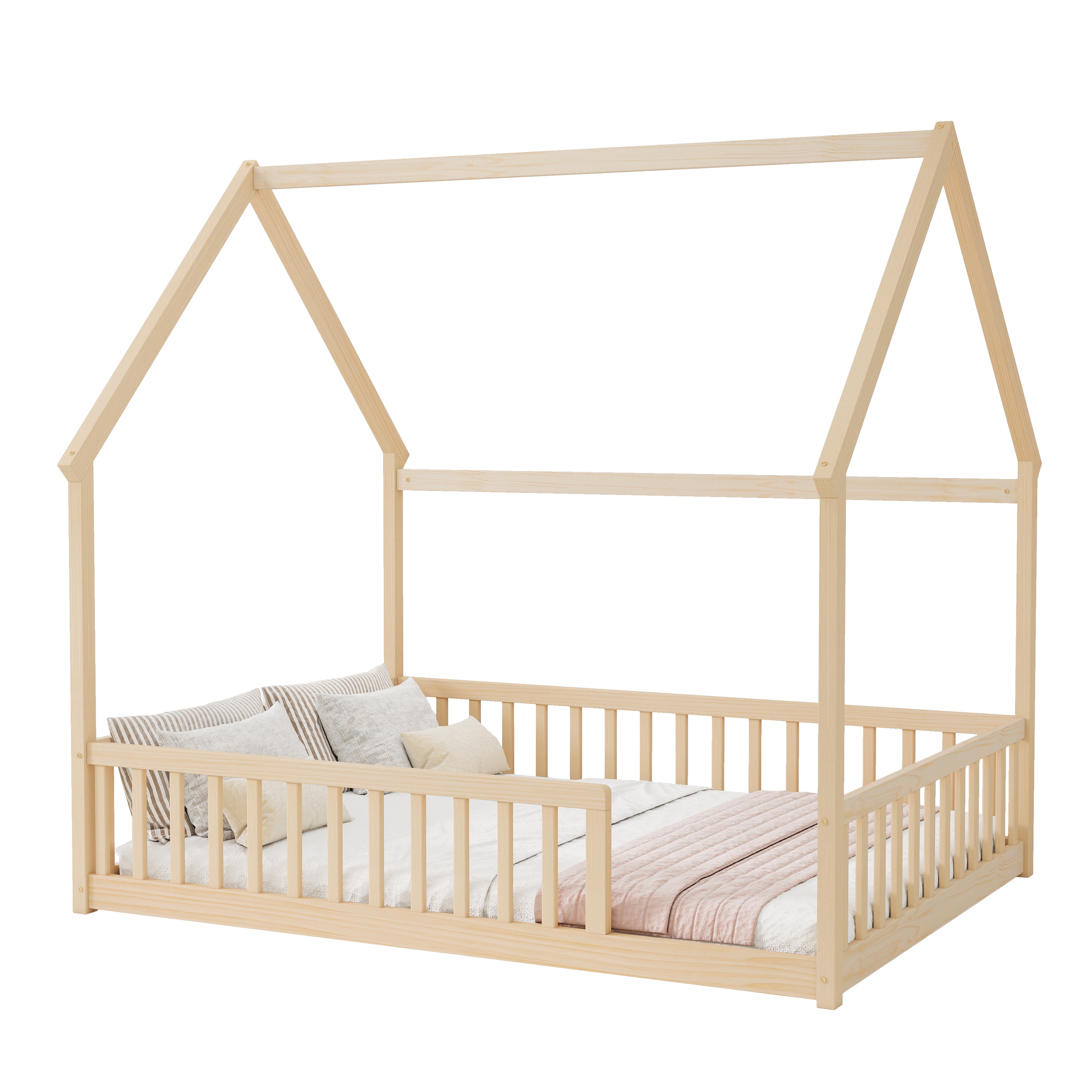 Full Size House Floor Bed with Roof Frame, Pine Wood Floor Bed with Safety Guardrails, Natural