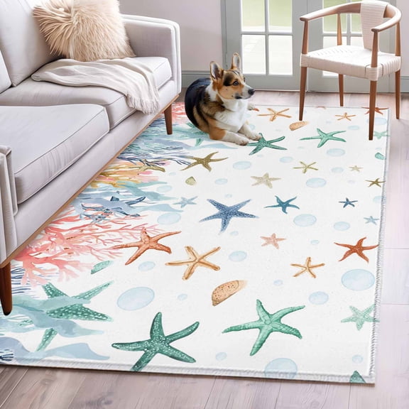Rectangle Area Rugs 3 x 5 Ft, Colorful Starfish Coastal Non-Slip Residential Carpet, Summer Coral Nautical Indoor Crawling Mats Runner Rugs for Living Room/Dining Room/Bedroom