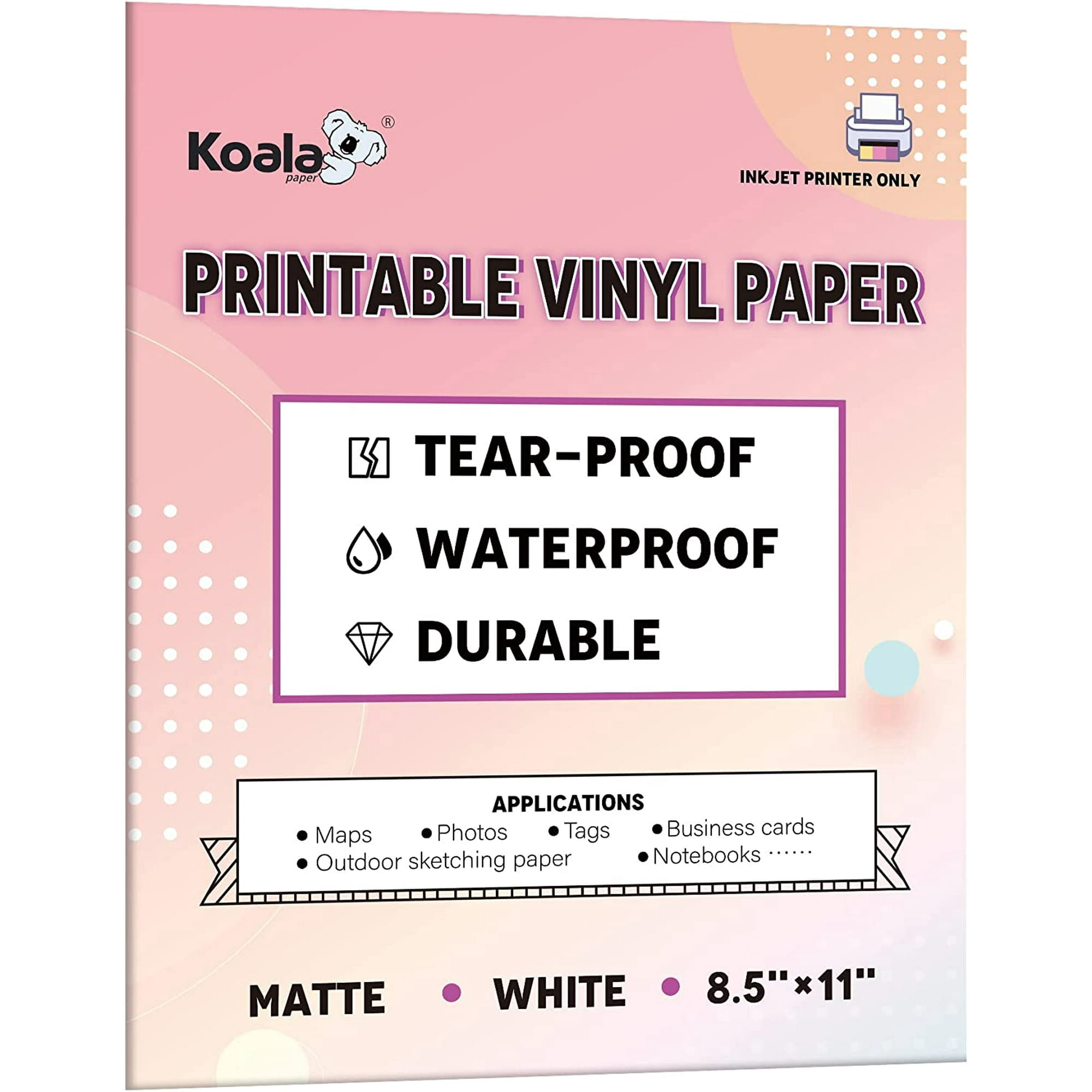 Koala Printable Waterproof Paper for Inkjet Printer, 8.5x11 in 300 Matte White Printable Vinyl Sheets, Synthetic Paper Non-Tearable, Premium Multipurpose Paper Bright White