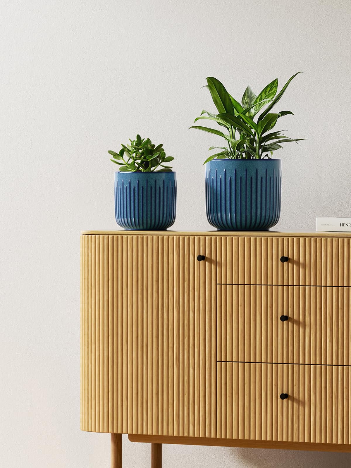 BEMAY  Set of 3  Plant Pots, Ceramic Planters for Indoor Plants, 8.3+6.9+5.7 inch Flower Pots with Drainage Holes, Indoor Planters for House Plants,Glaze Ocean Blue