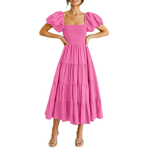 Vestido PRETTYGARDEN Midi Rosa Rosado con Mangas Abullonadas Talla Grande