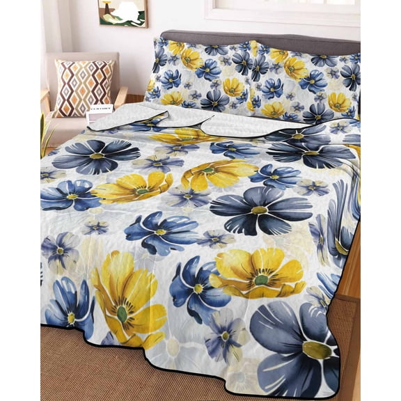 Blue Yellow Flower Queen Size Down Alternative Comforter, Lightweight Comforter Quilt Bedding Set with Pillow Shams Retro Country French Daisy Floral All Seasons Bed Comforter Duvet Insert 90"x96"