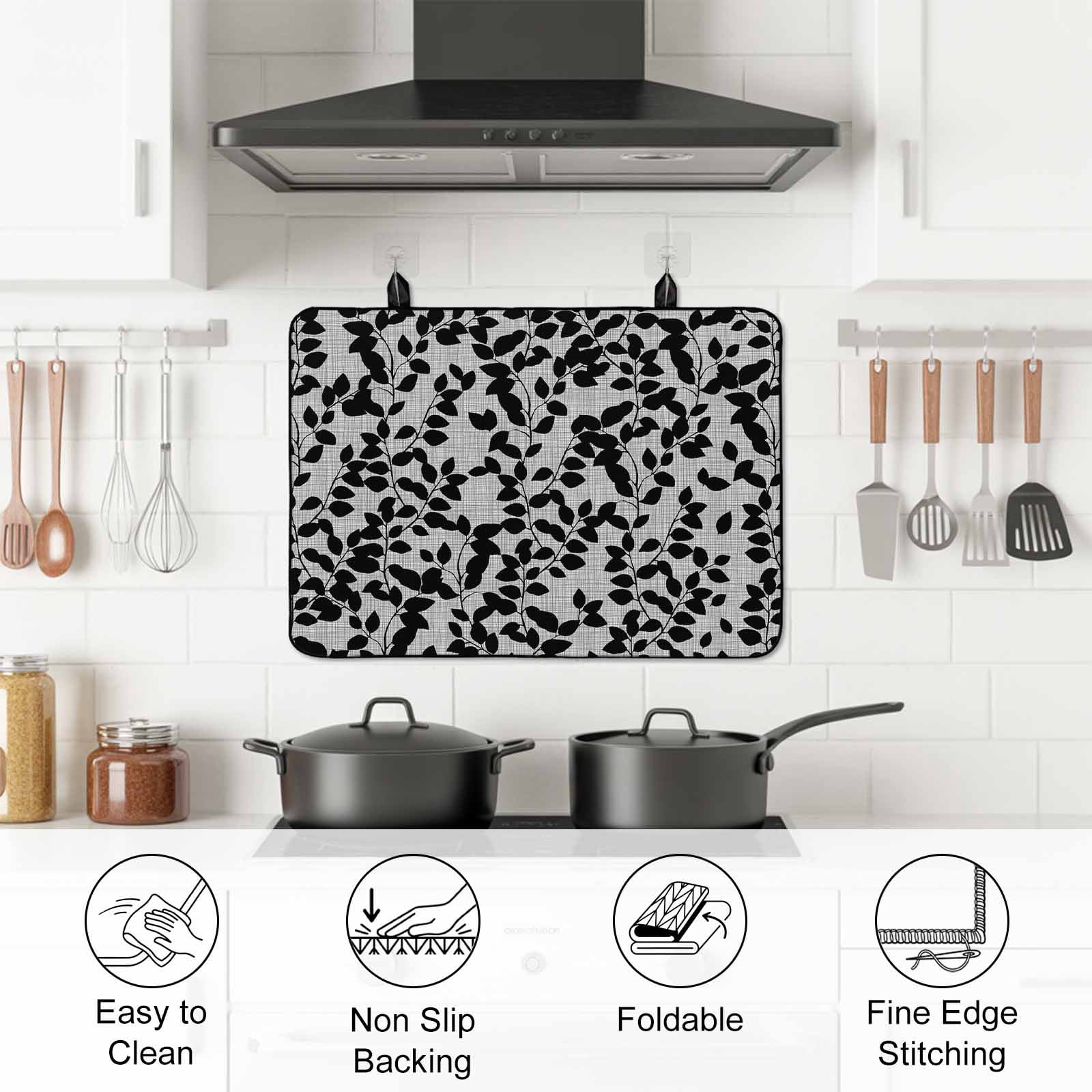 Grey Black Botanical Stove Top Cover for Electric Stove, Heat-proof & Non Slip Glass Top Stove Cover Protector, Pastoral Spring Floral Summer Art Kitchen Flat Cooktop Rubber Mat 36x21 Inches