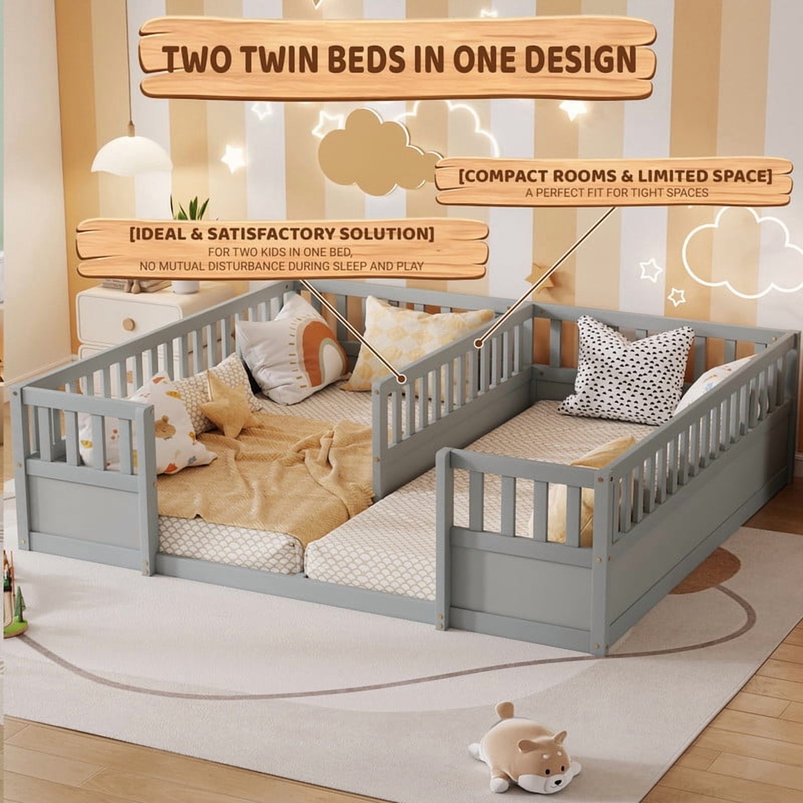 Twin Size Horizontal Floor Bunk Bed Frame with Semi-Enclosed Safety Guardrails, Wood Low Profile Kids Bed with Open Entrance