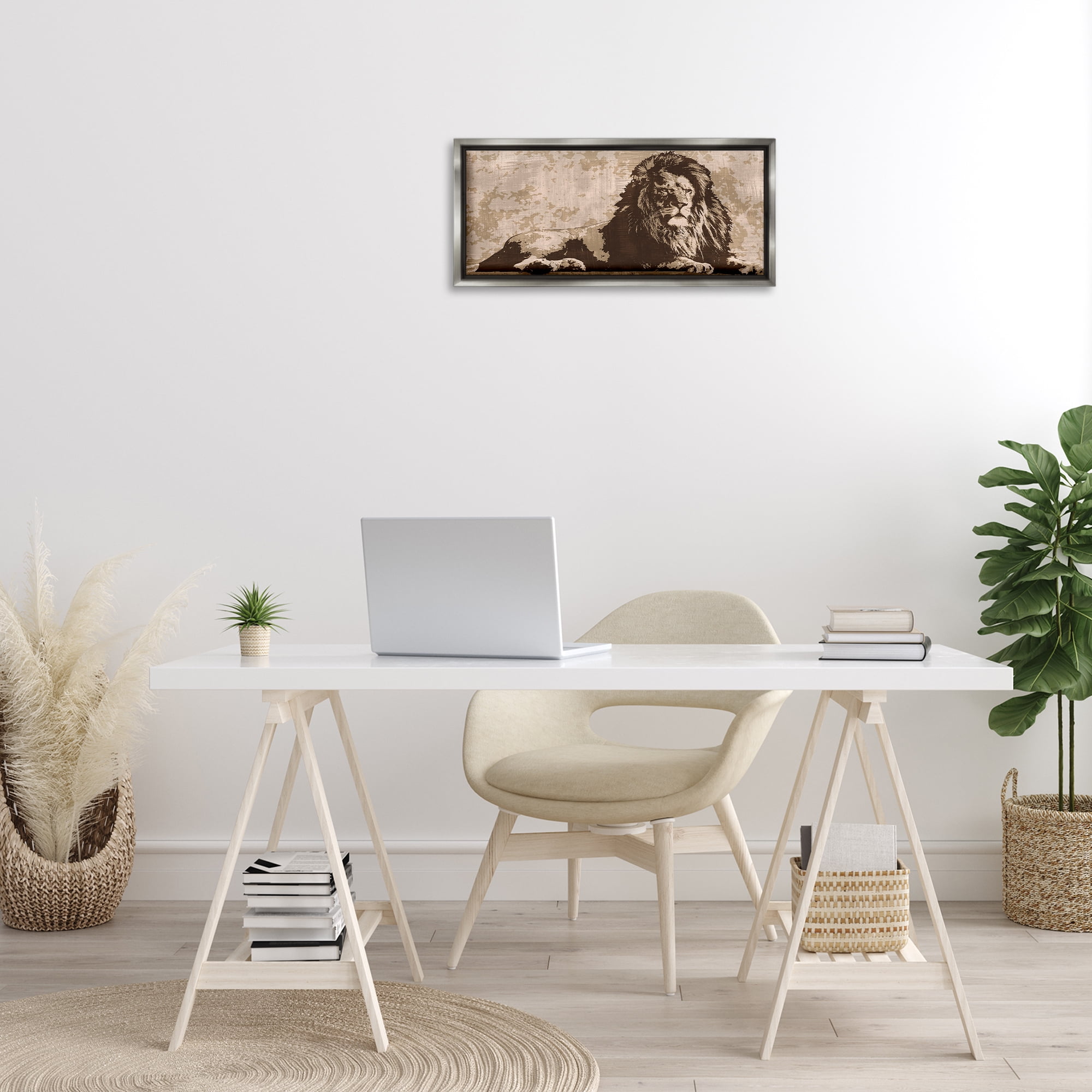 Stupell Industries Rustic Impression Lion Animals Painting Gray Floater Framed Canvas Art Print Wall Art, 25 x 11