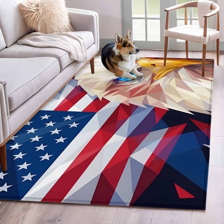 USA Flag Eagle 3 x5 Rug for Bedroom Foot of Bed Small Living Room Geometric Red Blue Star Stripe Flag Eagle Head Washable Non Slip Rectangle Area Rug