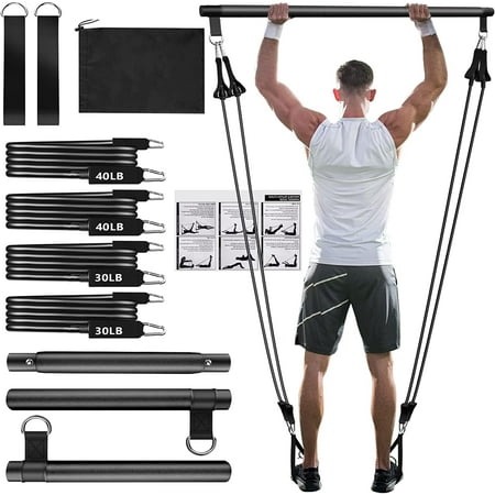 Pilates Bar Kit with 4x Resistance Bands (30lbs/40lbs), Multifunctional Yoga Pilates Equipment for Women & Men , Stackable Bands Up to 140LBS Black