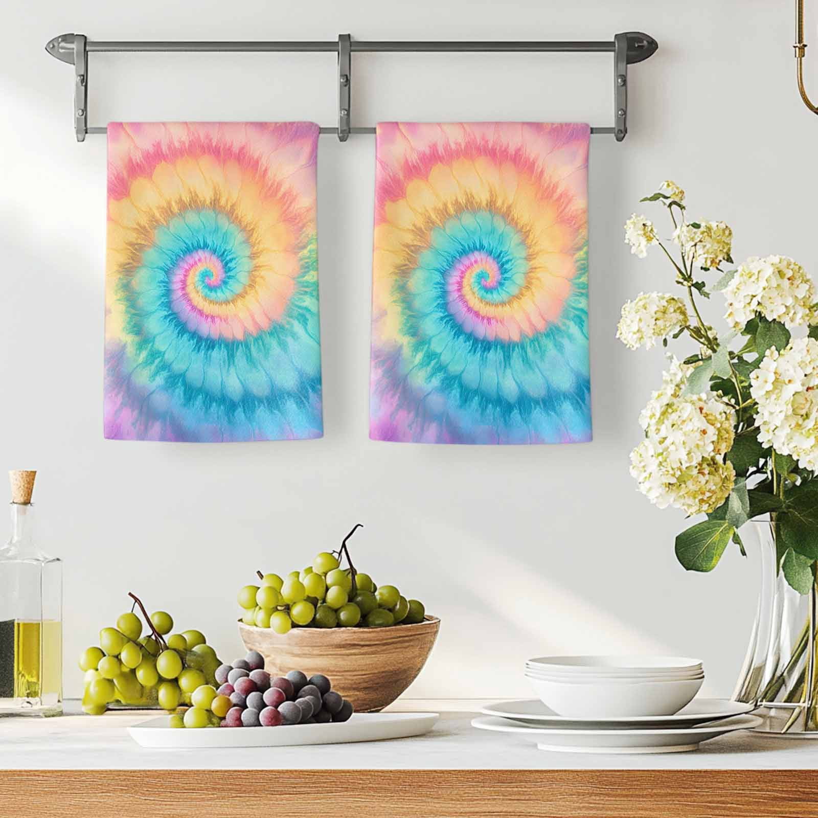 Colorful Tie Dye Kitchen Towels Set of 2, Rainbow Ombre Abstract Pattern Art Soft Microfiber Dish Towels, Absorbent Quick-Dry Washable Dishcloths for Kitchen Cleaning, Drying Dishes, 18x28 Inches