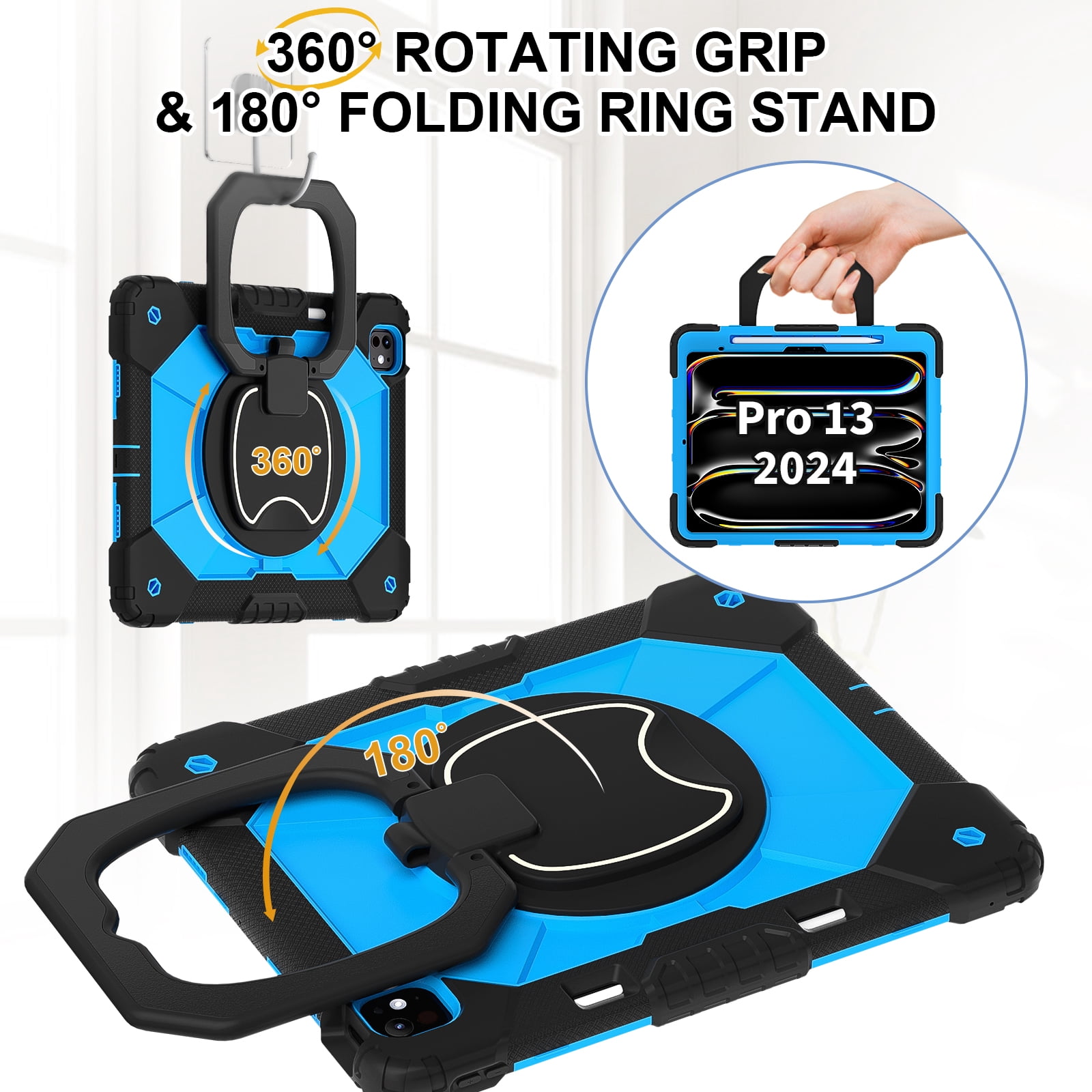 Decase Kids Case for Apple iPad Pro 13 13-inch (M5)(M4) 2025/2024,Shockproof Rotatable Stand Cover,Detachable Shoulder Strap,Rugged 3-Layer Tablet Shell with Pen Holder,Black+Blue