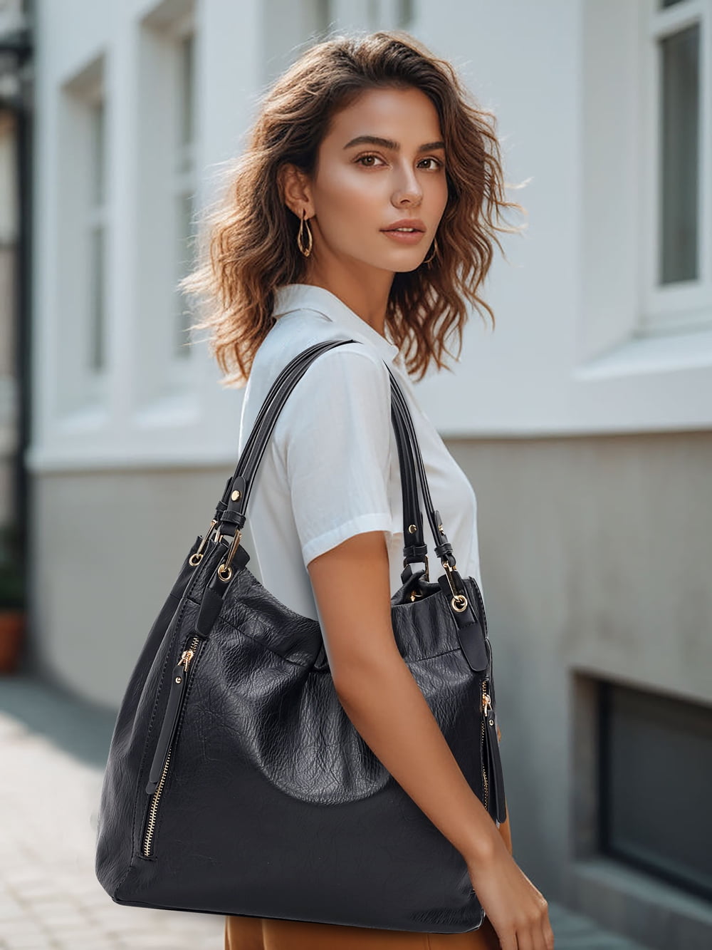 Capamaster Slouchy Hobo Handbag for Women, Soft Faux Leather Shoulder Purse with Top Handles and Front Zipper Pockets, Black